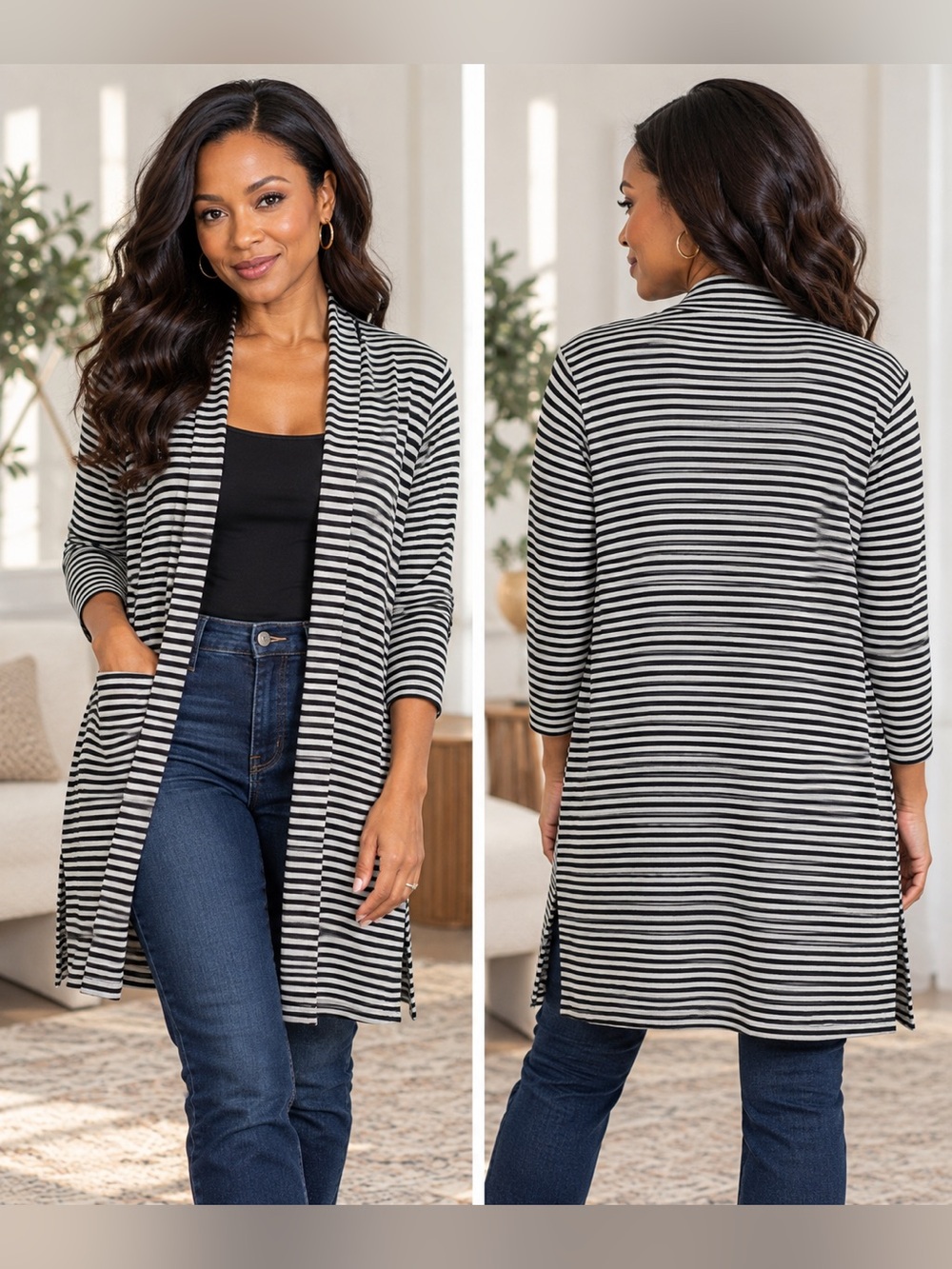 J. Jill Wearever Black White Striped Longline Open Cardigan XS
